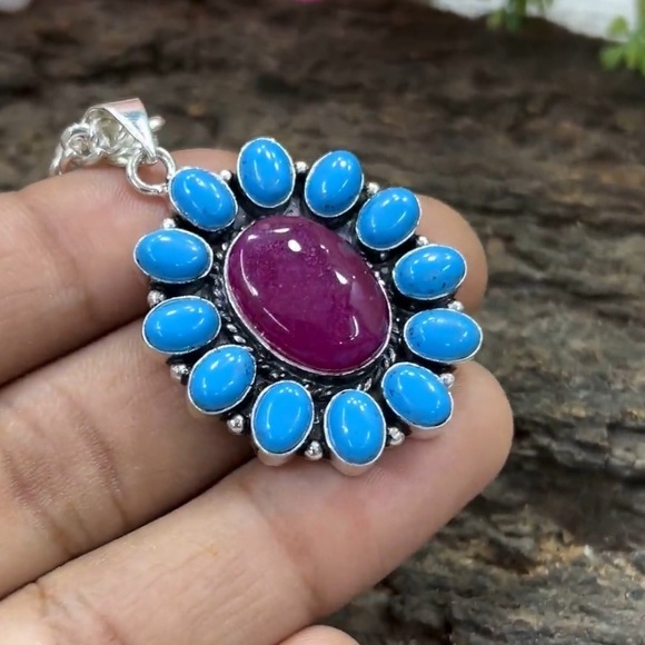 Handmade Jewelry - Gorgeous Ruby and Turquoise Gemstone pendant.